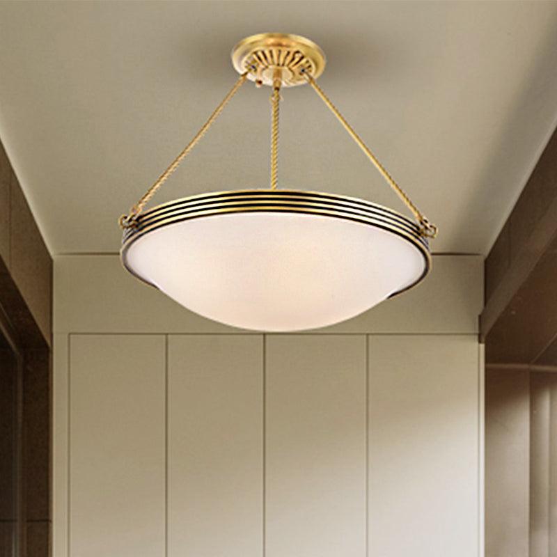 4-Light Opal Glass Hanging Chandelier Traditional Brass Bowl Living Room Pendant Light Fixture - Rebooters