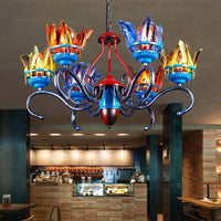 6 Lights Chandelier Lighting Fixture Antique Feather Metal Ceiling Suspension Lamp in Orange Blue for Restaurant - Rebooters