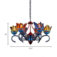6 Lights Chandelier Lighting Fixture Antique Feather Metal Ceiling Suspension Lamp in Orange Blue for Restaurant - Rebooters