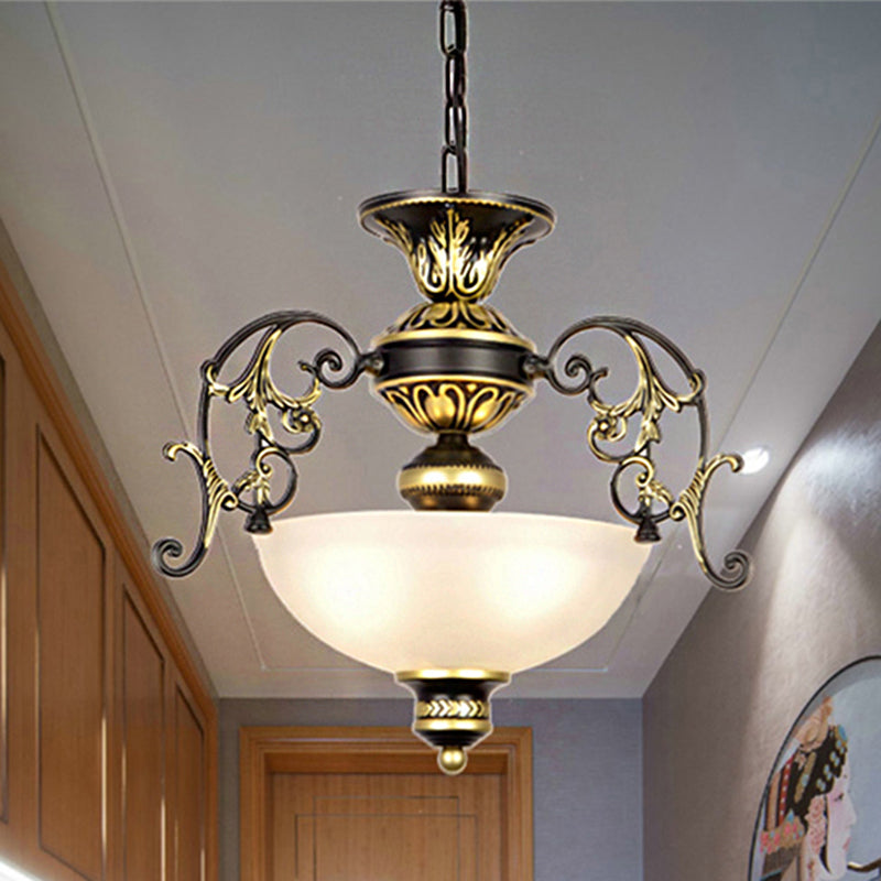 3 Bulbs Bowl Chandelier Light Traditional White Black Frosted Glass Ceiling Fixture - Rebooters