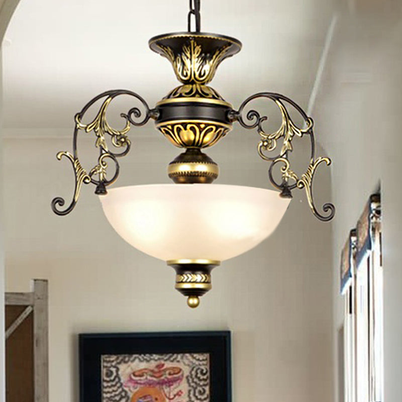 3 Bulbs Bowl Chandelier Light Traditional White Black Frosted Glass Ceiling Fixture - Rebooters