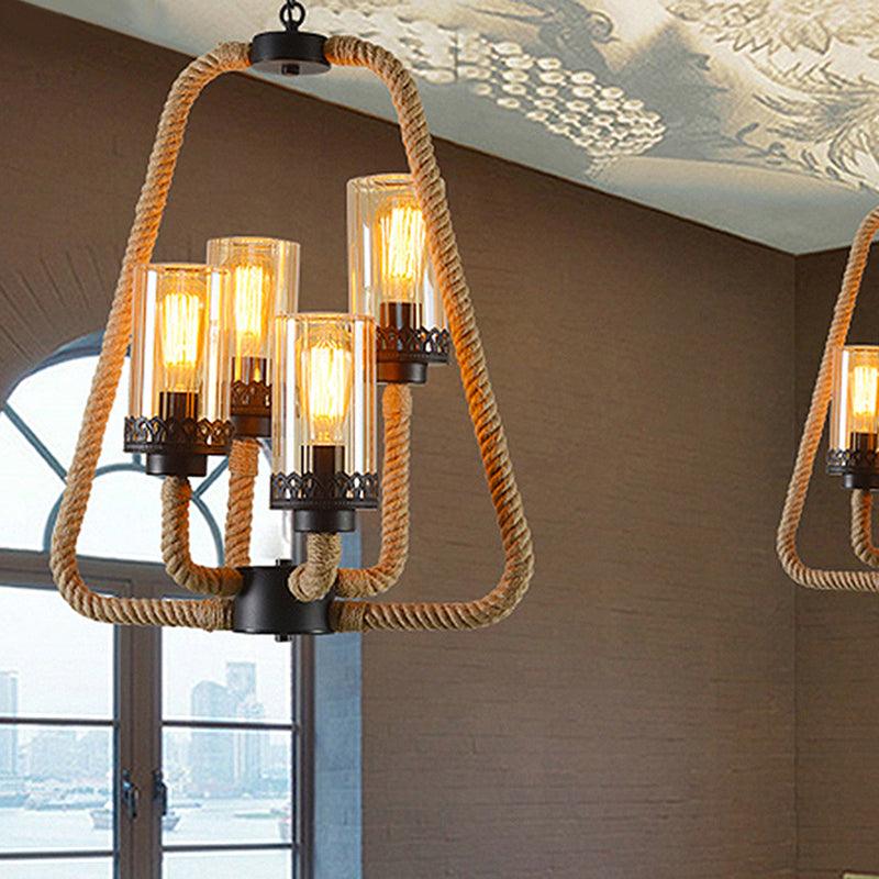 Beige 4 Lights Pendant Chandelier Traditional Rope Glass Light - Rebooters