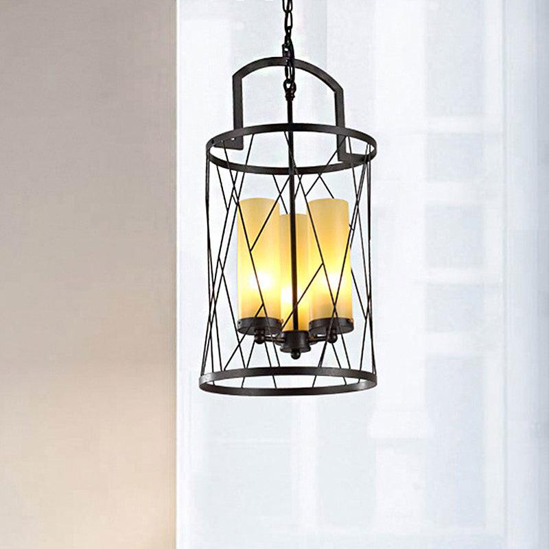 3 Light Pendant Light Traditional Cylinder Beige Glass Chandelier in Black - Rebooters