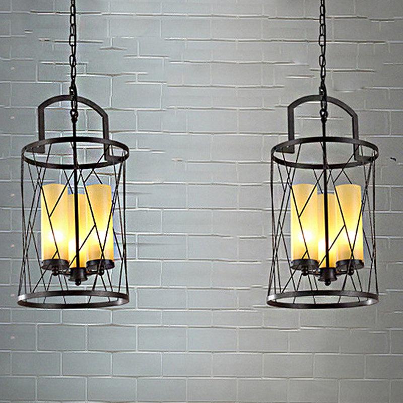 3 Light Pendant Light Traditional Cylinder Beige Glass Chandelier in Black - Rebooters