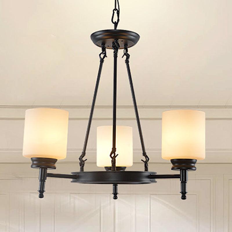 3/6 Lights Frosted Glass Chandelier Traditional Black Wheel Dining Room Fixture - Rebooters