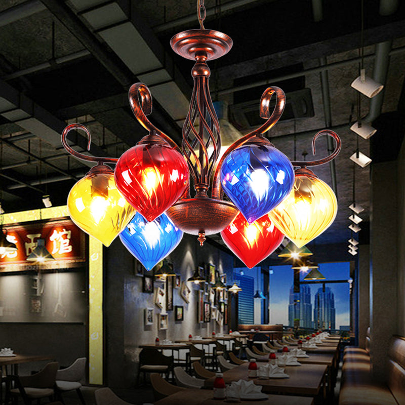 Red Brown Pine Chandelier Lamp Antique 6 Heads Glass Pendant - Rebooters