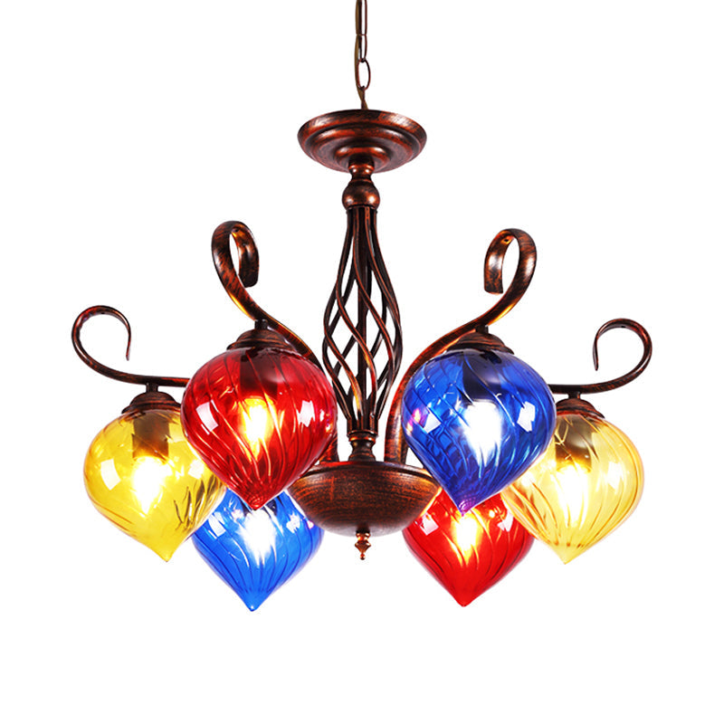 Red Brown Pine Chandelier Lamp Antique 6 Heads Glass Pendant - Rebooters