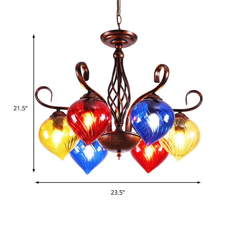 Red Brown Pine Chandelier Lamp Antique 6 Heads Glass Pendant - Rebooters