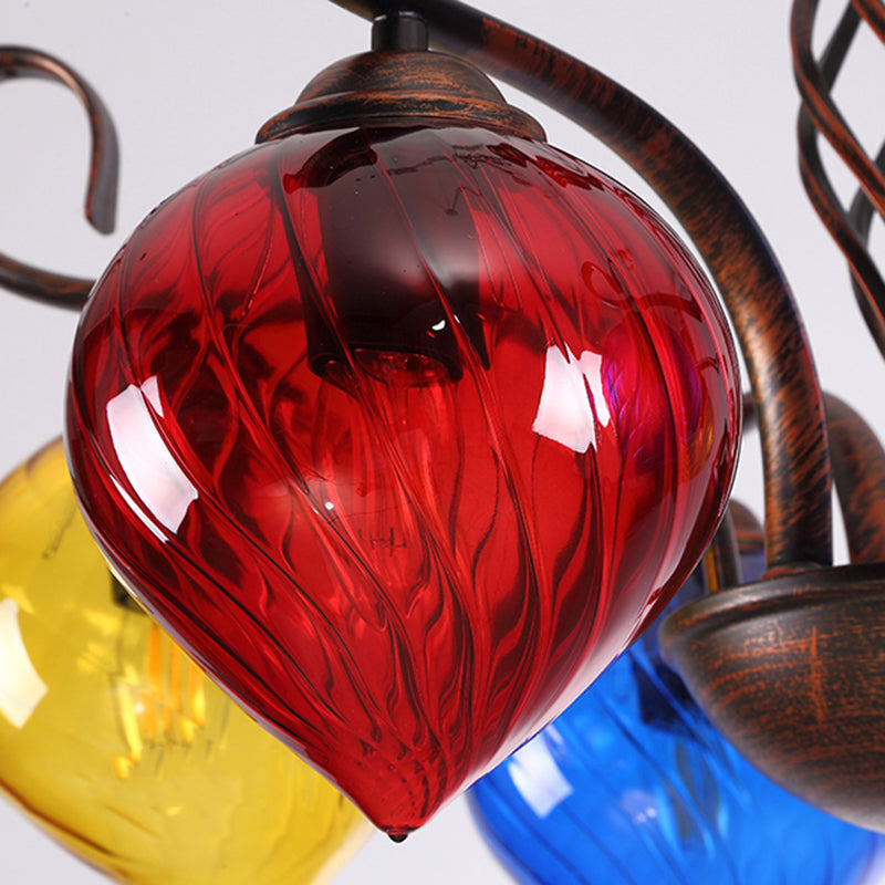 Red Brown Pine Chandelier Lamp Antique 6 Heads Glass Pendant - Rebooters