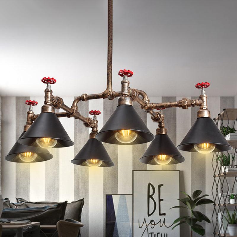4/6 Lights Chandelier Light Fixture Vintage Stylish Cone Shade Metal Pendant Lighting with Red Valve in Brass - Rebooters