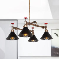 4/6 Lights Chandelier Light Fixture Vintage Stylish Cone Shade Metal Pendant Lighting with Red Valve in Brass - Rebooters