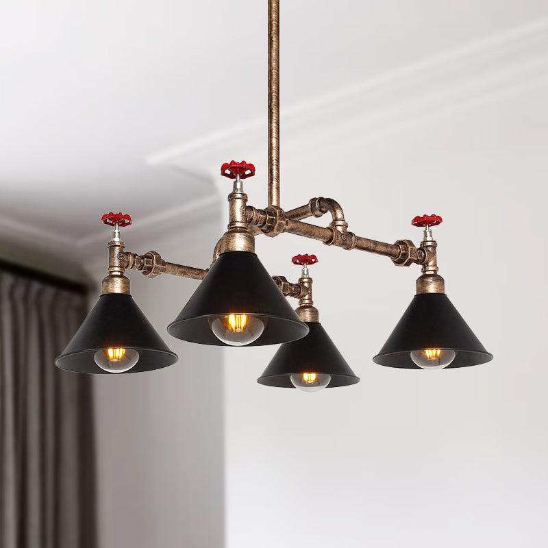 4/6 Lights Chandelier Light Fixture Vintage Stylish Cone Shade Metal Pendant Lighting with Red Valve in Brass - Rebooters