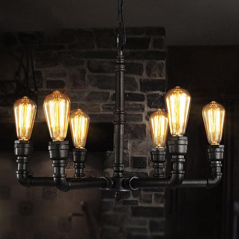 3/6 Heads Hanging Chandelier Lamp Vintage Bare Bulb Metal Pendant Light with Water Pipe in Black - Rebooters