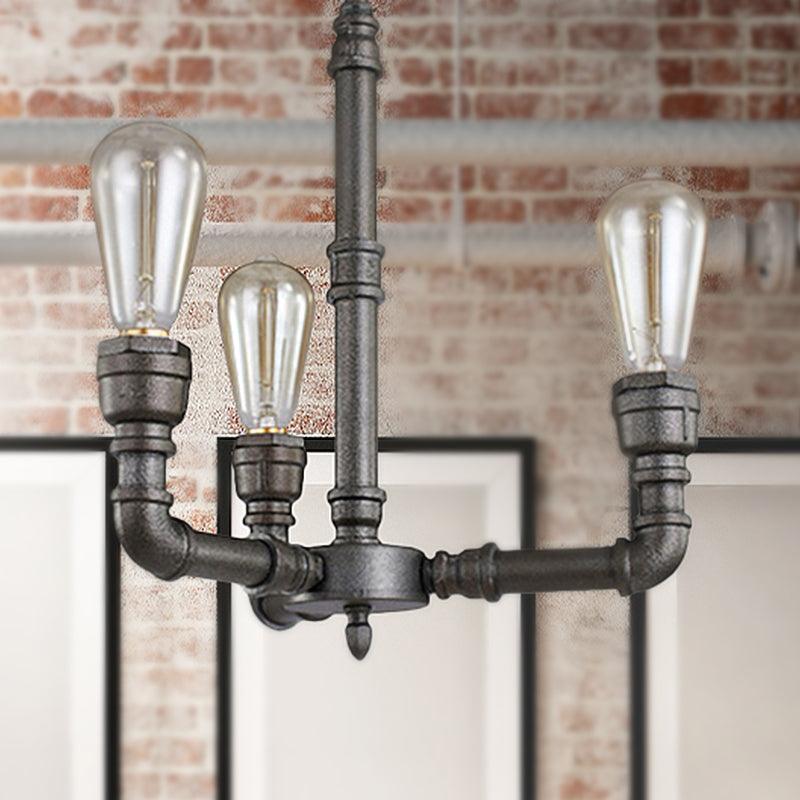 3/6 Heads Hanging Chandelier Lamp Vintage Bare Bulb Metal Pendant Light with Water Pipe in Black - Rebooters