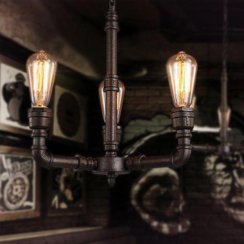 3/6 Heads Hanging Chandelier Lamp Vintage Bare Bulb Metal Pendant Light with Water Pipe in Black - Rebooters