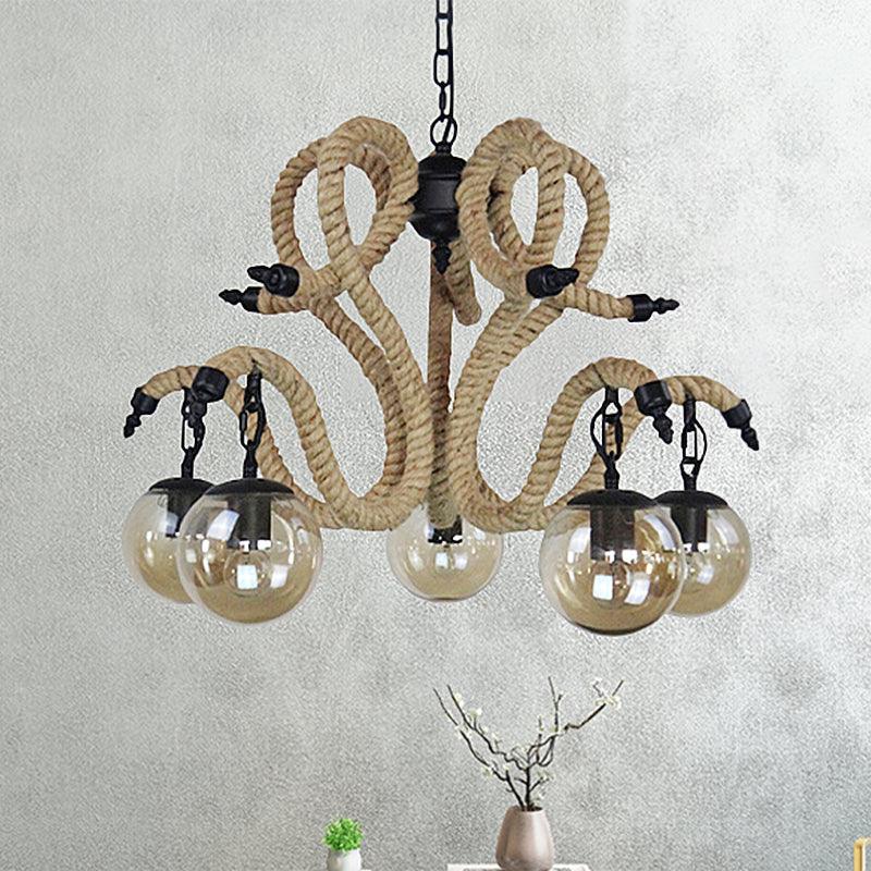 Amber Glass Ball Shade Hanging Chandelier Light Vintage 5 Lights Living Room Pendant Lighting - Rebooters