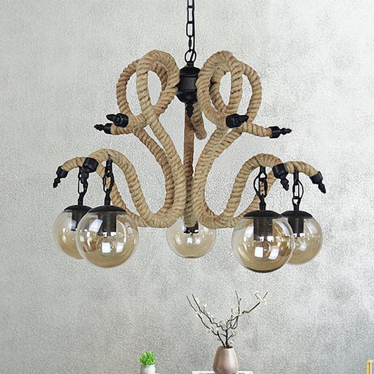Amber Glass Ball Shade Hanging Chandelier Light Vintage 5 Lights Living Room Pendant Lighting - Rebooters