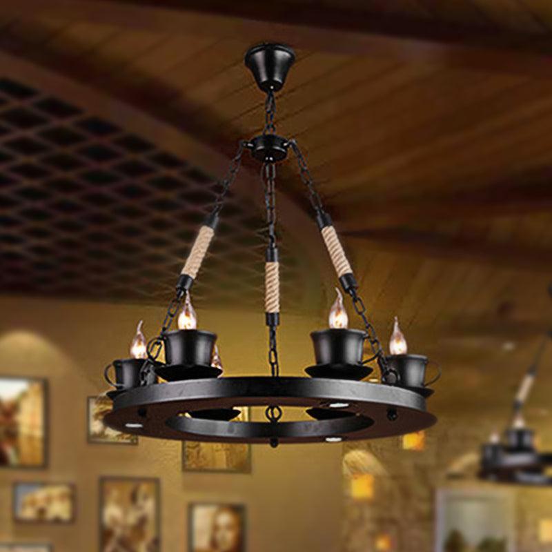 6-Light Ring Chandelier Light Country Style Black Metal Pendant - Rebooters