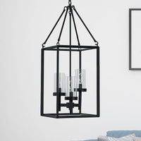 3 Lights Ceiling Light Fixture Vintage Candle Clear Glass Pendant Chandelier in Black with Metal Frame - Rebooters