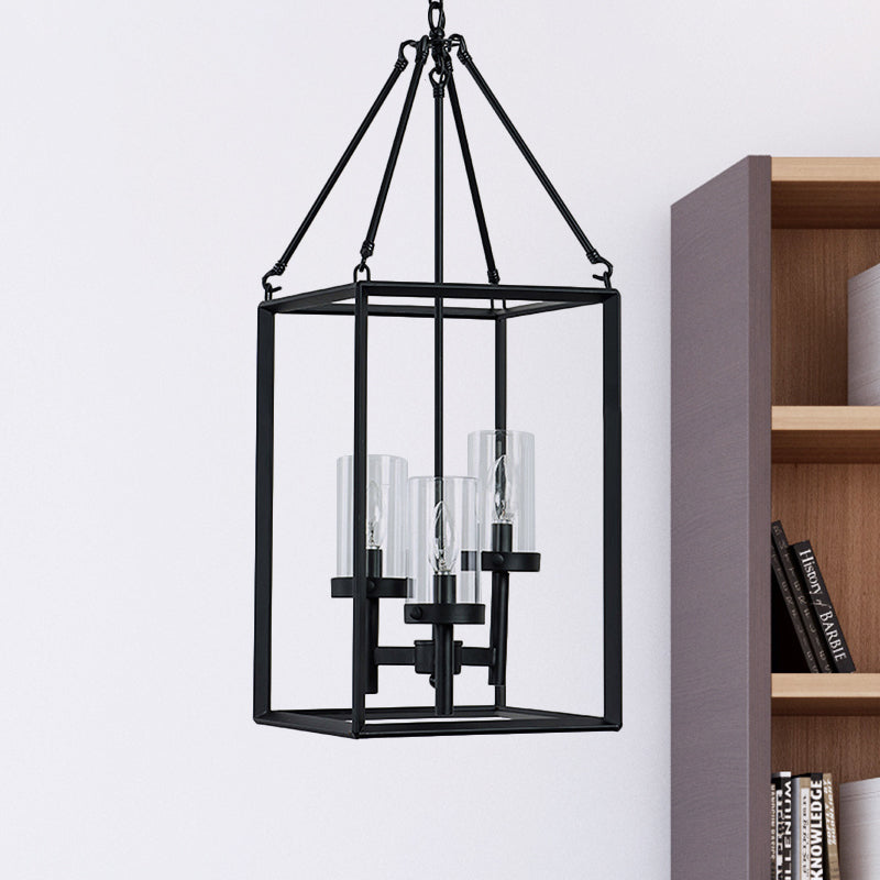 3 Lights Ceiling Light Fixture Vintage Candle Clear Glass Pendant Chandelier in Black with Metal Frame - Rebooters