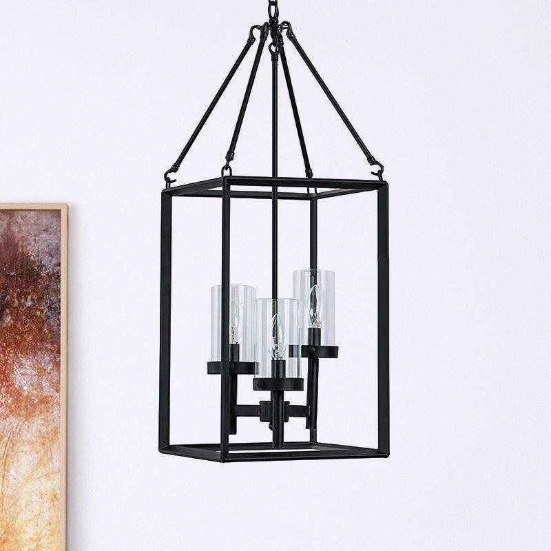 3 Lights Ceiling Light Fixture Vintage Candle Clear Glass Pendant Chandelier in Black with Metal Frame - Rebooters