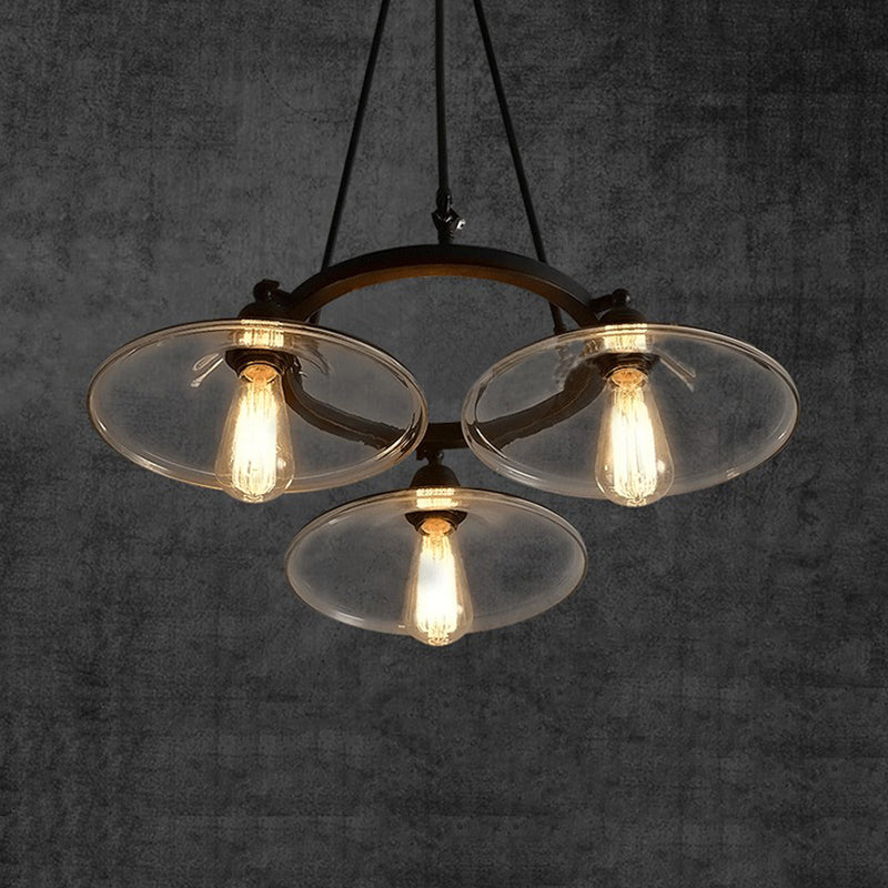 3-Light Disc Shade Chandelier Industrial Black Glass Fixture - Rebooters