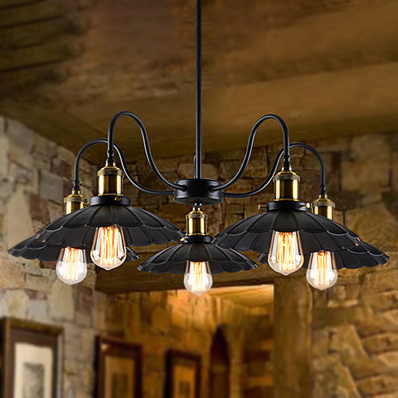 Black Finish Scalloped Chandelier Light Industrial Metal 5 Heads Indoor Pendant - Rebooters
