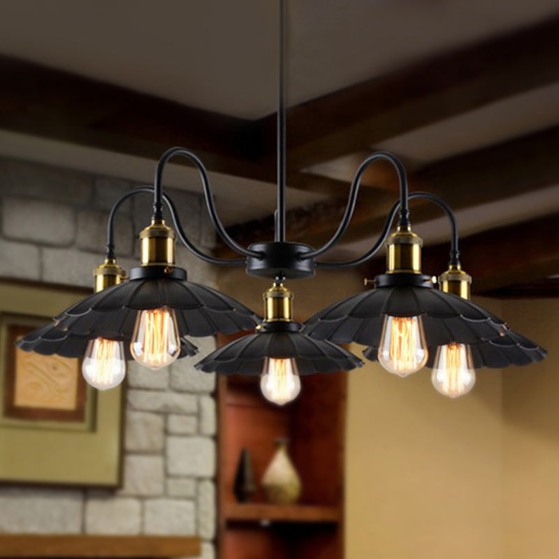 Black Finish Scalloped Chandelier Light Industrial Metal 5 Heads Indoor Pendant - Rebooters