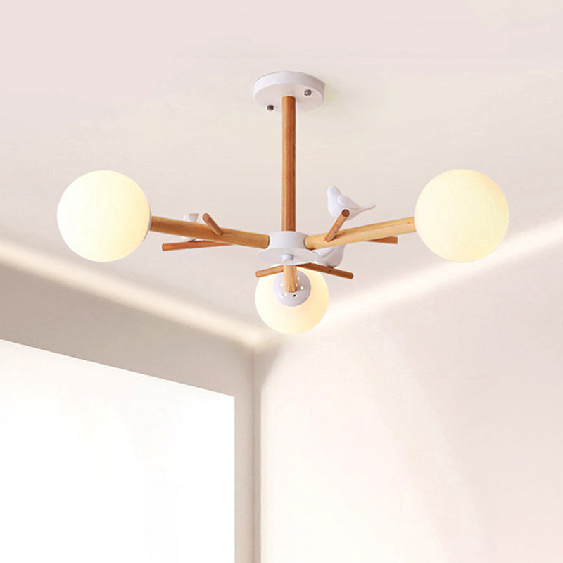 White Globe Shade Chandelier Rustic Wood Pendant Light Bird - Rebooters