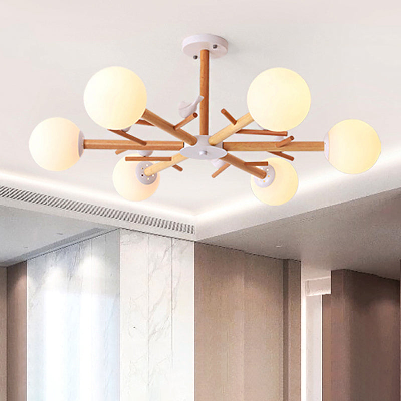 White Globe Shade Chandelier Rustic Wood Pendant Light Bird - Rebooters