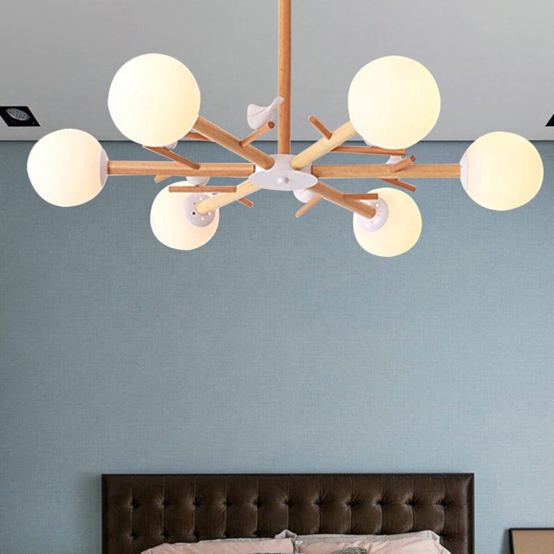 White Globe Shade Chandelier Rustic Wood Pendant Light Bird - Rebooters