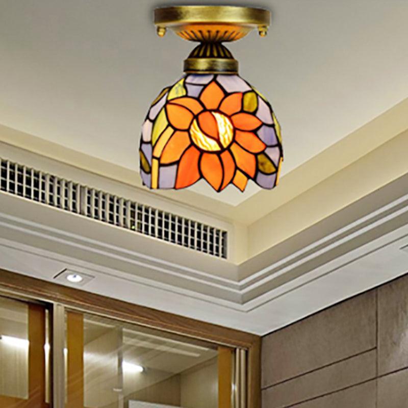 6 Inch Rustic Orange Ceiling Lamp Sunflower Stained Glass Light - Rebooters