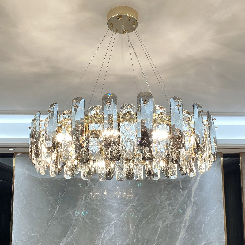 Round Prismatic Crystal Chandelier Pendant Brass Finish Light - Rebooters