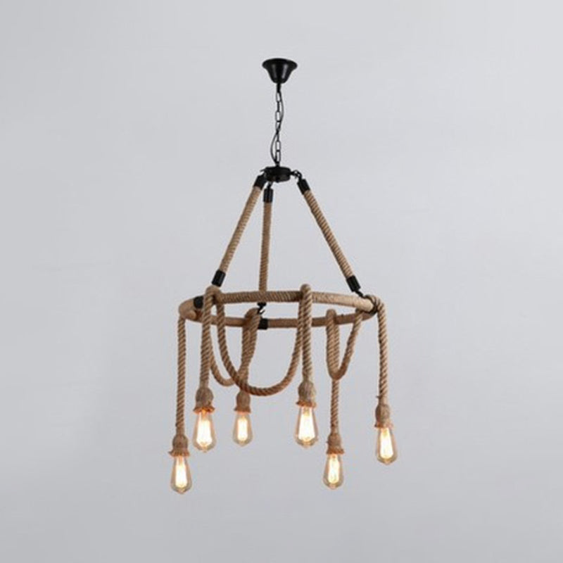 6 Lights Adjustable Rope Chandelier Lighting Fixtures Industrial Beige Hanging Ceiling Light - Rebooters