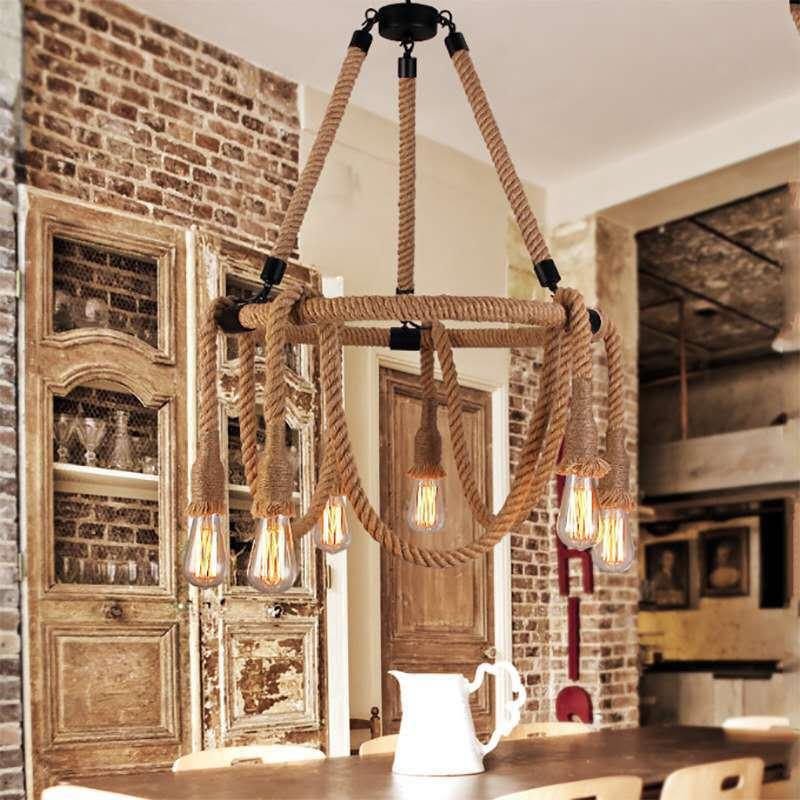 6 Lights Adjustable Rope Chandelier Lighting Fixtures Industrial Beige Hanging Ceiling Light - Rebooters