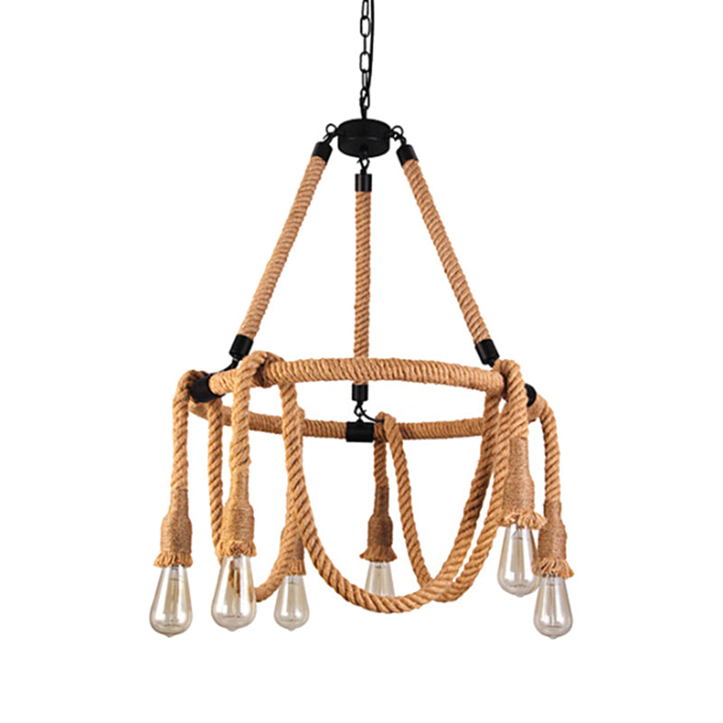 6 Lights Adjustable Rope Chandelier Lighting Fixtures Industrial Beige Hanging Ceiling Light - Rebooters