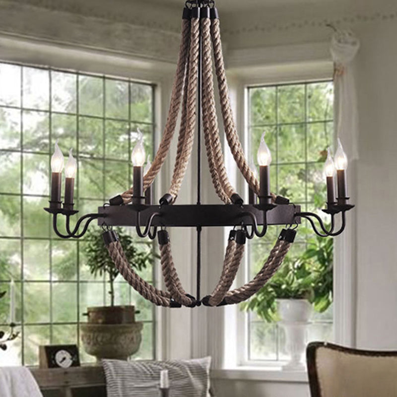 Circular Metal Ring Rope Hanging Ceiling Light Fixture Black - Rebooters