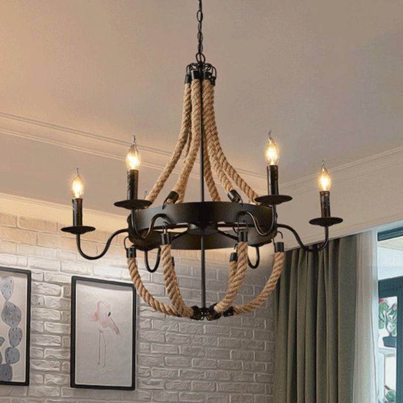 Circular Metal Ring Rope Hanging Ceiling Light Fixture Black - Rebooters