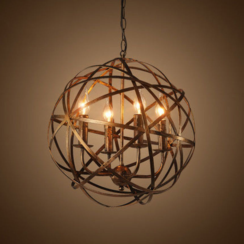 Round Cage Chandelier Light Fixture Retro Industrial Style 4 Lights Metal Pendant - Rebooters