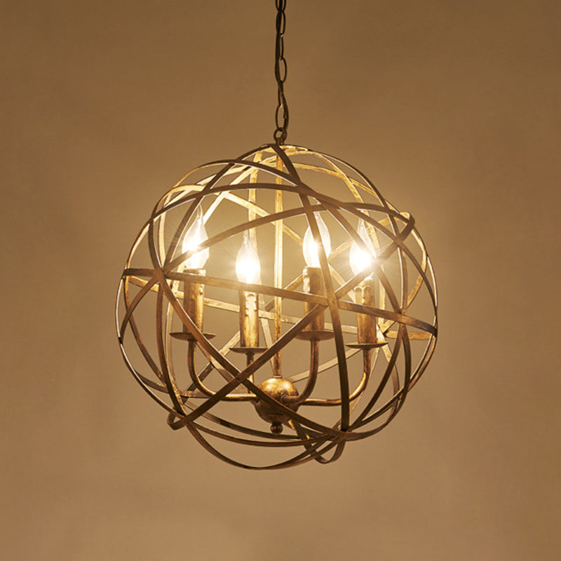 Round Cage Chandelier Light Fixture Retro Industrial Style 4 Lights Metal Pendant - Rebooters