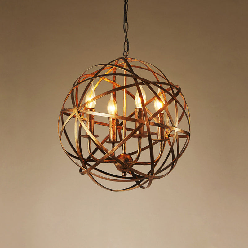 Round Cage Chandelier Light Fixture Retro Industrial Style 4 Lights Metal Pendant - Rebooters