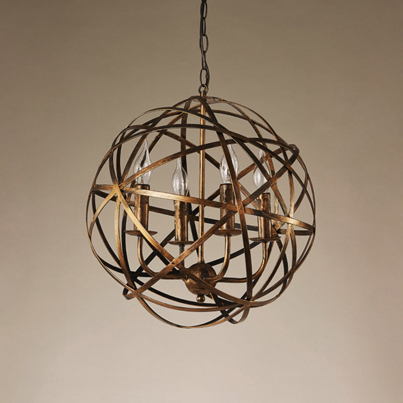 Round Cage Chandelier Light Fixture Retro Industrial Style 4 Lights Metal Pendant - Rebooters