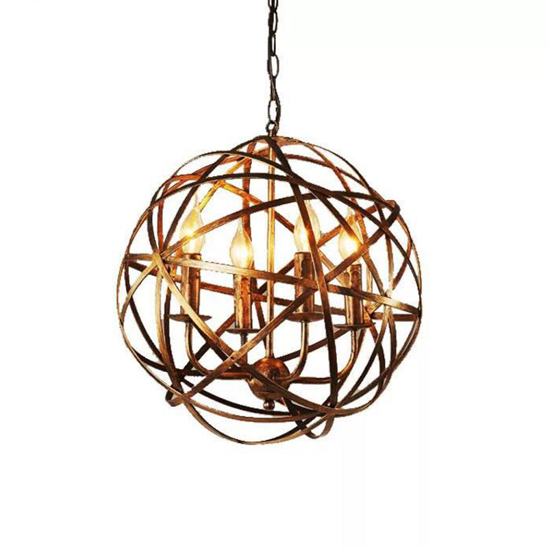 Round Cage Chandelier Light Fixture Retro Industrial Style 4 Lights Metal Pendant - Rebooters