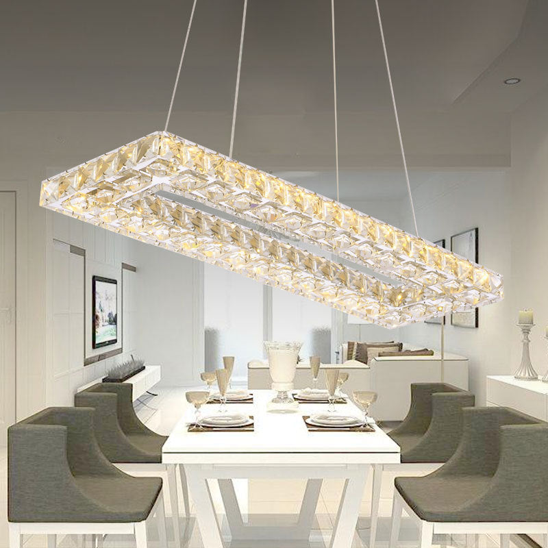 Modern Rectangle Pendant Chandelier Faceted Crystal Panels Hanging Lights for Restaurant - Rebooters