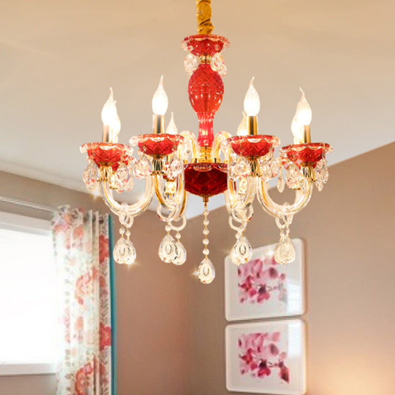 Candle Restaurant Hanging Lamp Kit Traditional Crystal Drip 6/8 Lights Red Chandelier - Rebooters