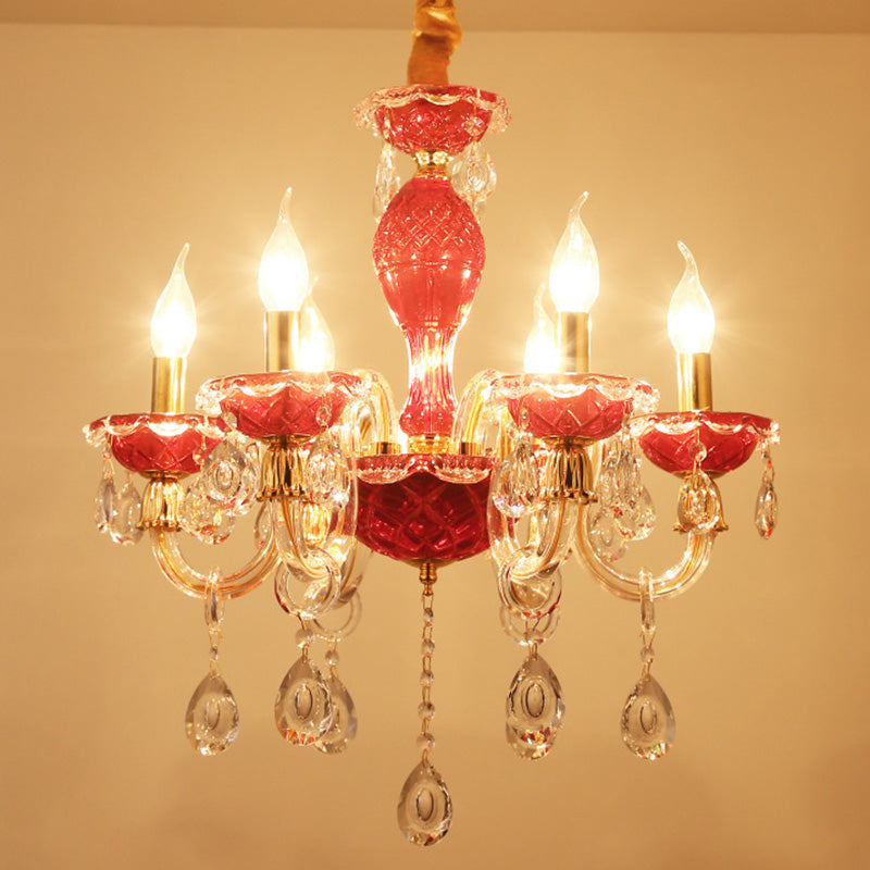 Candle Restaurant Hanging Lamp Kit Traditional Crystal Drip 6/8 Lights Red Chandelier - Rebooters