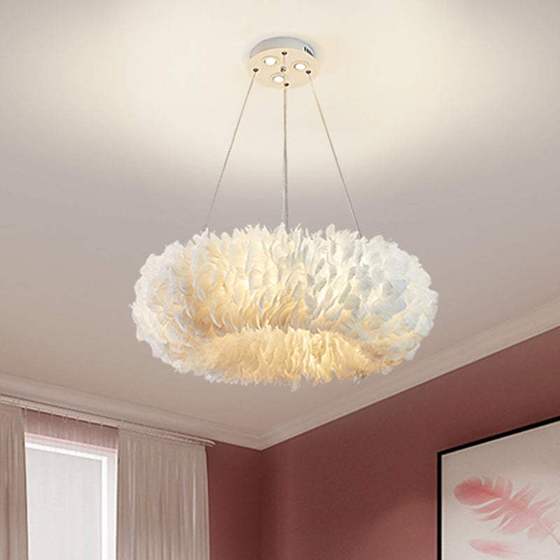 White Doughnut Shape Feather Chandelier Light Modern Style - Rebooters