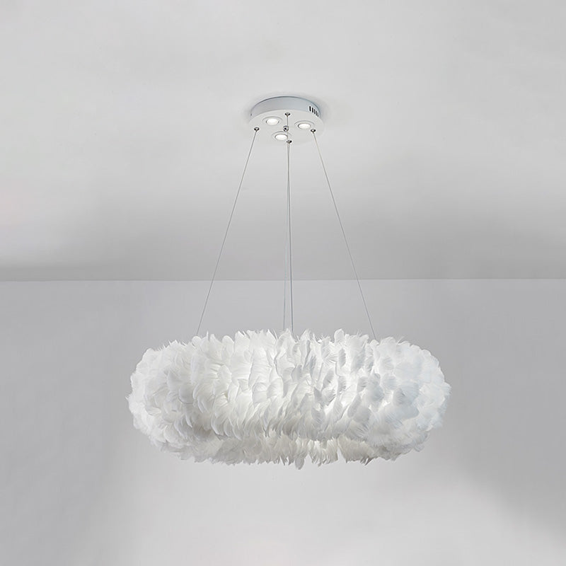 White Doughnut Shape Feather Chandelier Light Modern Style - Rebooters