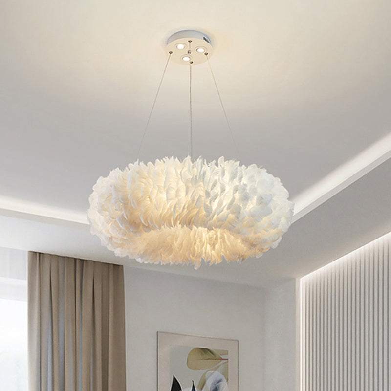 White Doughnut Shape Feather Chandelier Light Modern Style - Rebooters