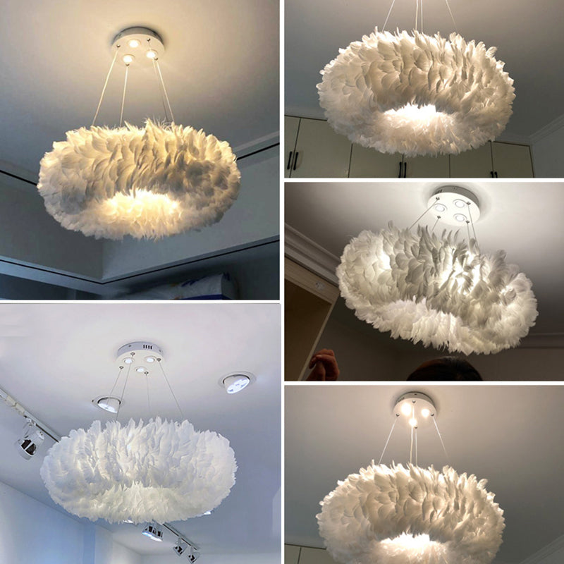 White Doughnut Shape Feather Chandelier Light Modern Style - Rebooters